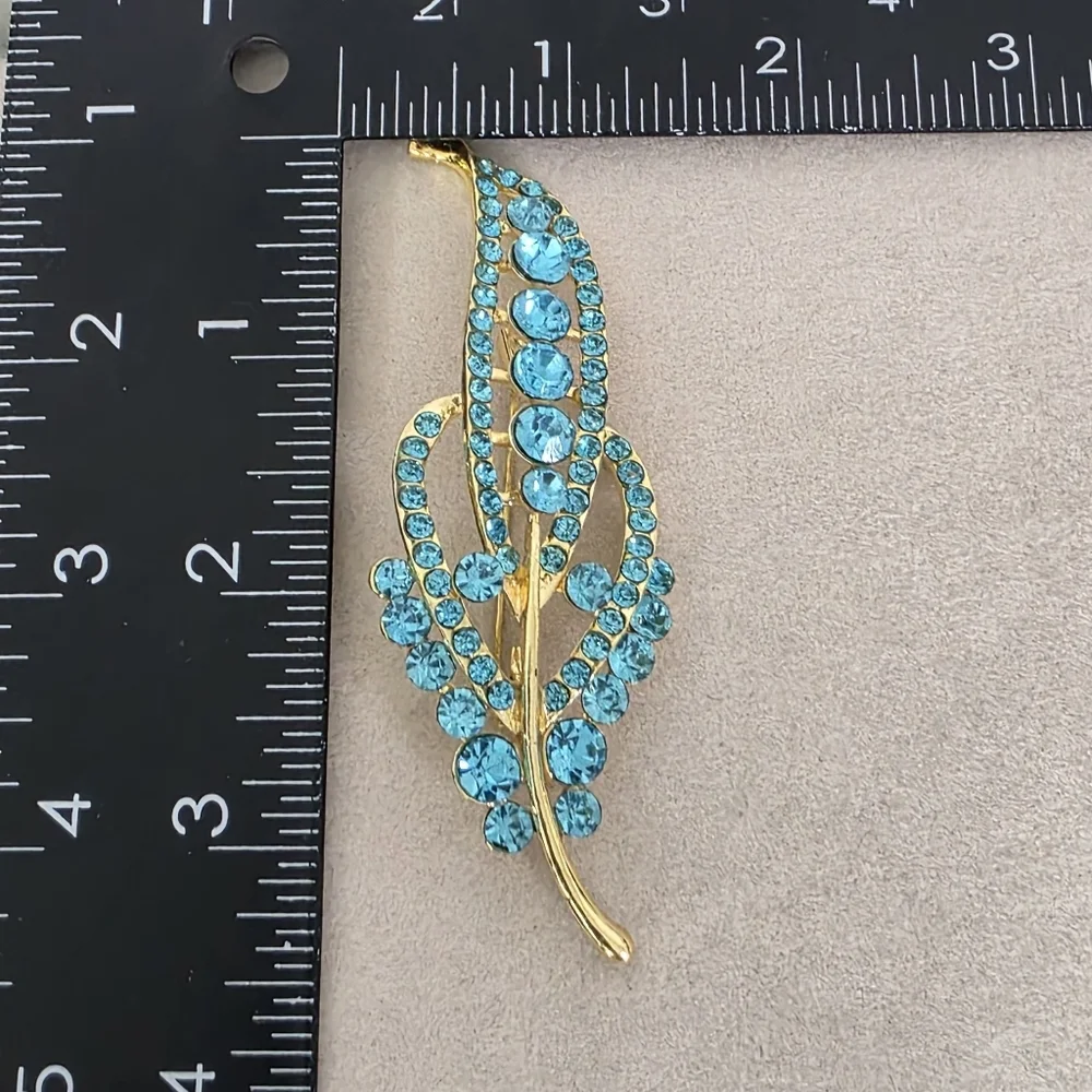 Gold with Turquoise Blue Rhinestone Leaf Brooch Pin